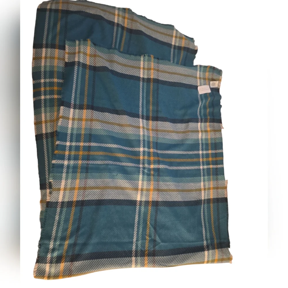 NWT Christopher & Banks Teal and Yellow Plaid Scarf - Picture 3 of 8